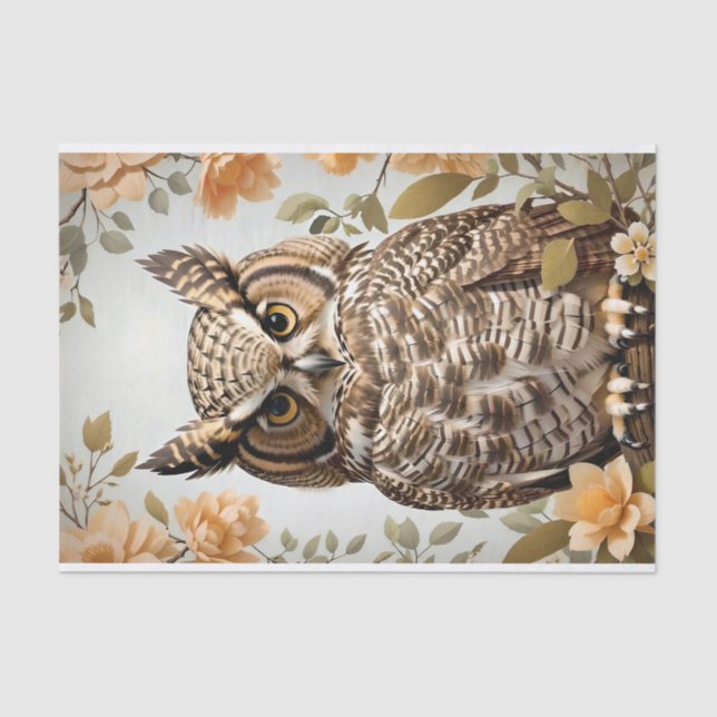 Perched Botanical Great Horned Owl  Tissue Paper (Front)