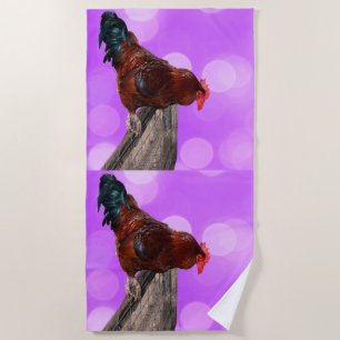 Perched in Majesty: Rooster On Dreamy Purple Glow Beach Towel