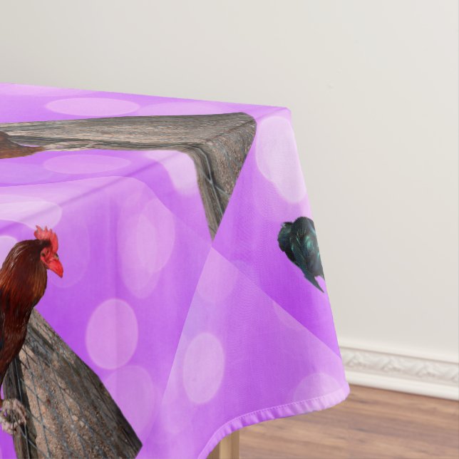 Perched in Majesty: Rooster On Dreamy Purple Glow Tablecloth (In Situ)