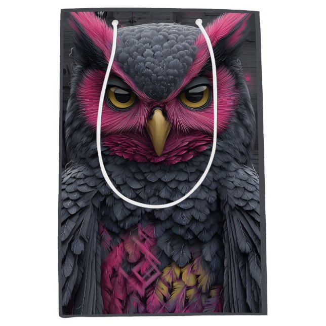 Perched Owl with Vibrant Magenta Feathers Medium Gift Bag (Front)