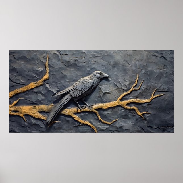 Perched raven in bas relief on slate wall poster (Front)