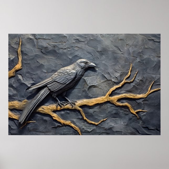 Perched raven in bas relief on slate wall poster (Front)