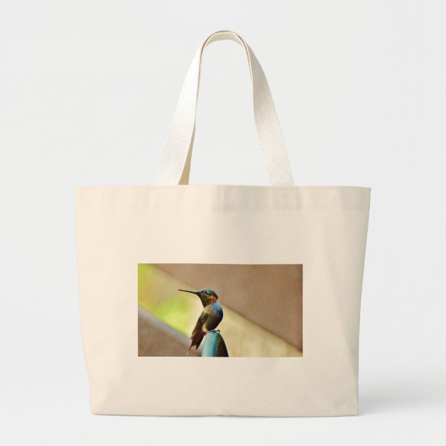 Perched Ruby and Green  little Hummingbird Large Tote Bag (Front)