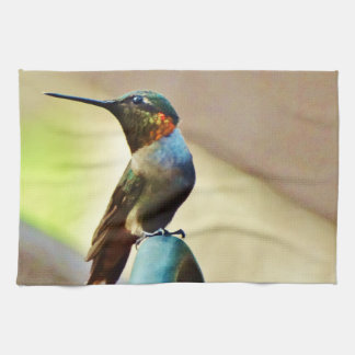 Perched Ruby and Green  little Hummingbird Tea Towel