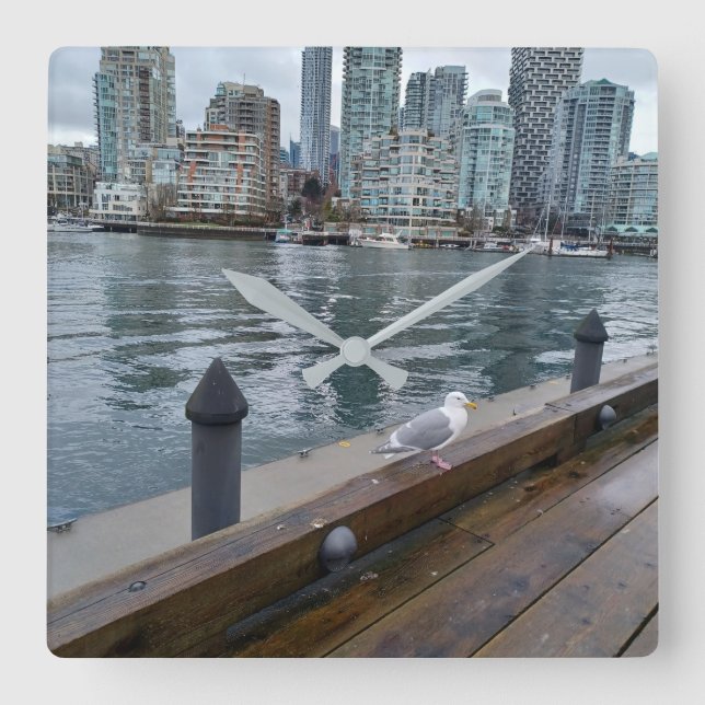 Perched Seagull Square Wall Clock (Front)