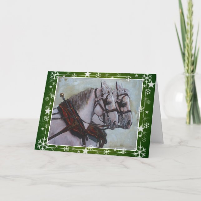 Percheron Draught   Horse Christmas Card, green Holiday Card (Front)