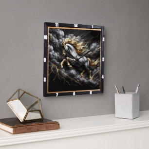 Percheron Horse Art: Metal Storm, Custom Time Gold Square Wall Clock