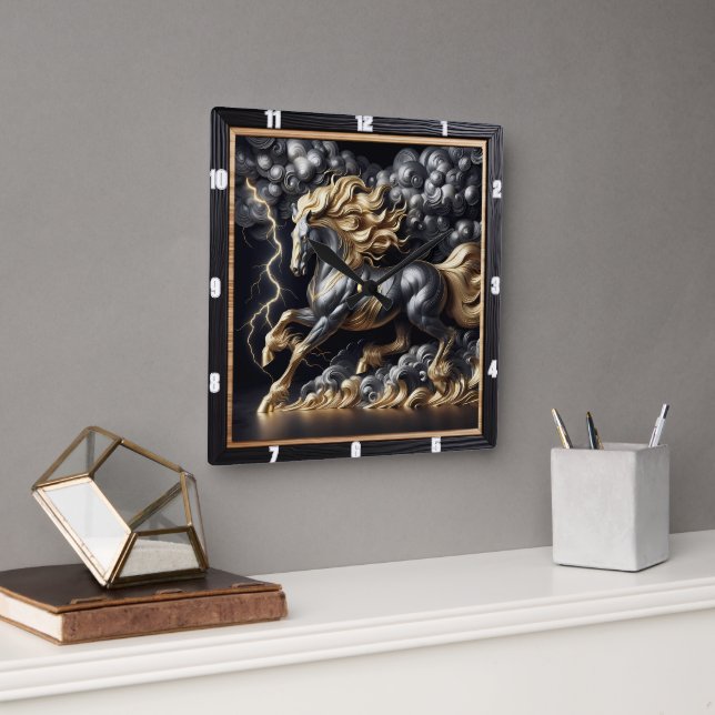 Percheron Horse Time: Gold Metal, Custom Art Storm Square Wall Clock (Office)
