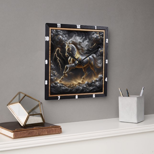 Percheron Horse Timepiece: Storm Metal, Custom Gol Square Wall Clock (Office)