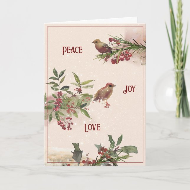 Perching Birds on Berry Branches Christmas Card (Front)