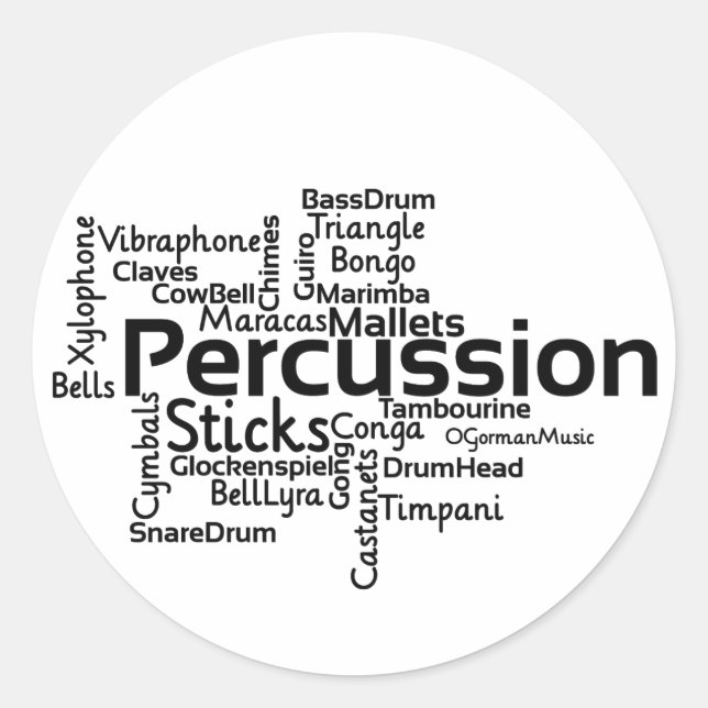 Percussion Word Cloud Black Text Classic Round Sticker (Front)