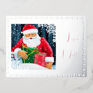 Père Noël sous la neige avec décorations argentées Foil Holiday Postcard