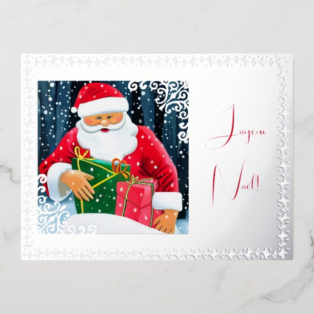 Père Noël sous la neige avec décorations argentées Foil Holiday Postcard (Front)