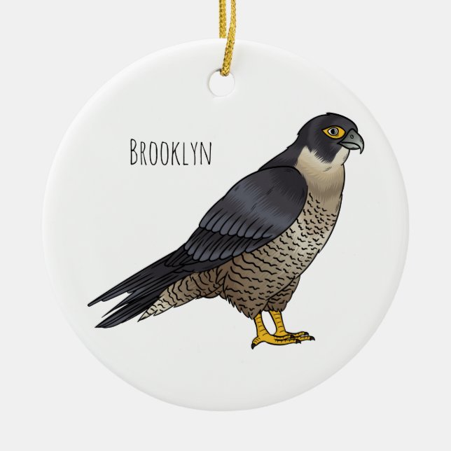 Peregrine falcon bird cartoon illustration ceramic tree decoration (Front)