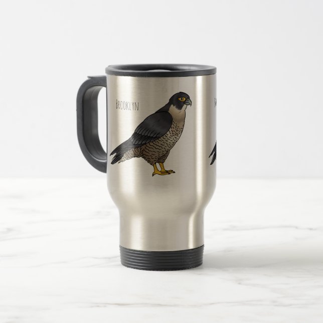 Peregrine falcon bird cartoon illustration  travel mug (Front Left)