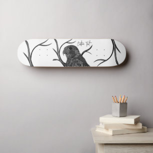 Peregrine Falcon in Tree Branches with Handwriting Skateboard