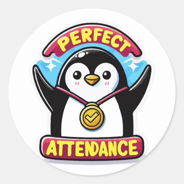 Perfect Attendance Penguin - Back to School Champ Classic Round Sticker (Front)