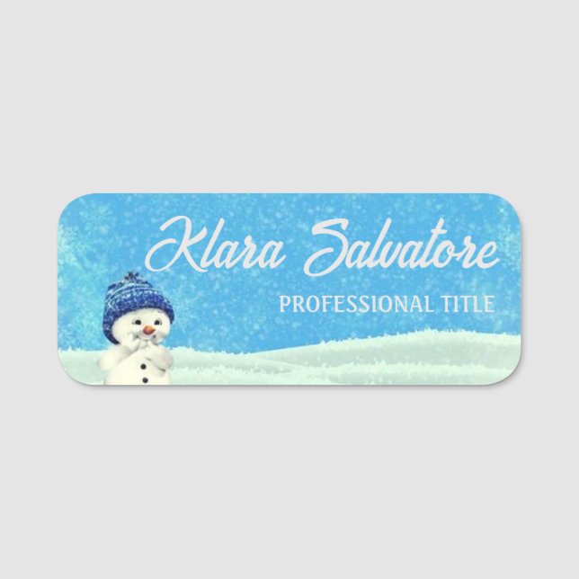 Perfect Beautiful Christmas Blue Snowing Snowman Name Tag (Front)