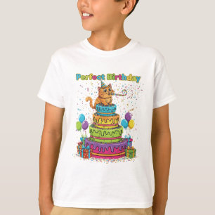Perfect Birthday Cute Cartoon Cat on Rainbow Cake T-Shirt