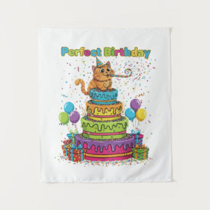 Perfect Birthday Cute Cartoon Cat on Rainbow Cake Tapestry