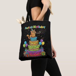 Perfect Birthday Cute Cartoon Cat on Rainbow Cake Tote Bag