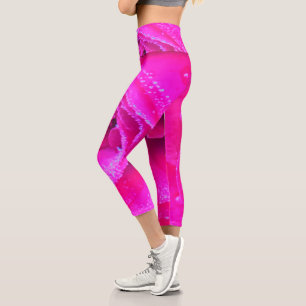 Perfect Crimson Red and Light Blue Rose Detail Capri Leggings