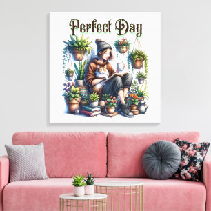 Perfect Day Girl Reading with Cat and Plants Canvas Print
