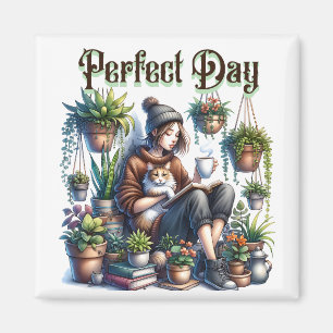 Perfect Day   Girl Reading with Cat and Plants Magnet