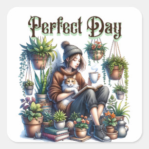 Perfect Day   Girl Reading with Cat and Plants Square Sticker