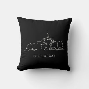 Perfect Day Minimalist Cat Book & Coffee Line Art Cushion