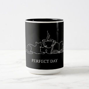 Perfect Day Minimalist Cat Book & Coffee Line Art Two-Tone Coffee Mug