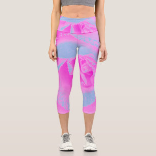 Perfect Hot Pink and Light Blue Rose Detail Capri Leggings