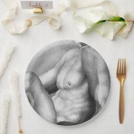 Perfect Man Chest & Torso Fine Art Charcoal Sketch Paper Plate
