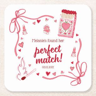 Perfect Match Coquette Bridal Shower Personalized Square Paper Coaster