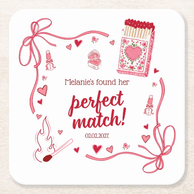 Perfect Match Coquette Bridal Shower Personalized Square Paper Coaster (Front)