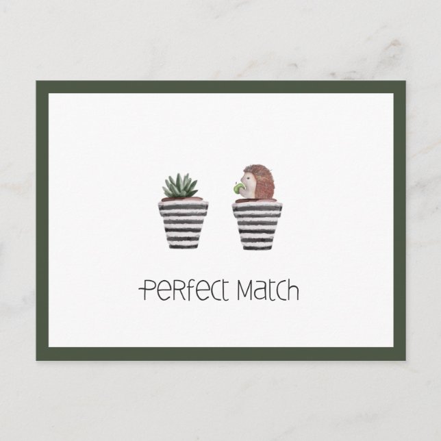 Perfect Match | Cute Hedgehog & Cactus Love Postcard (Front)