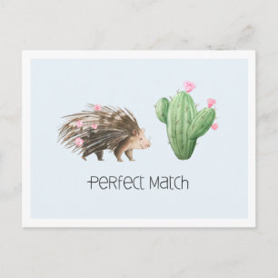 Perfect Match Cute Porcupine & Cactus Love Postcard