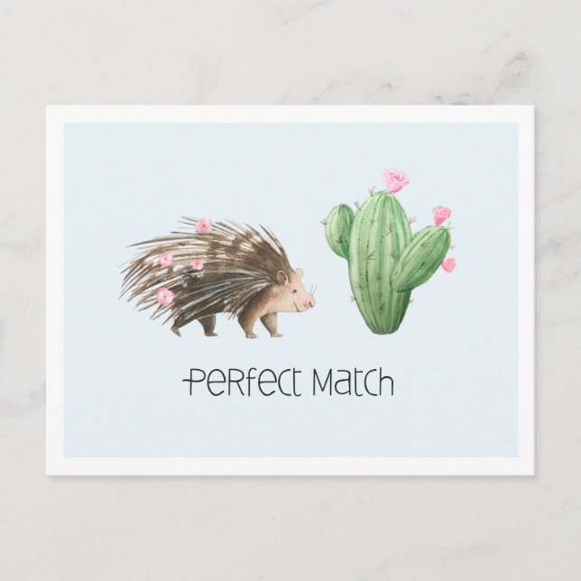 Perfect Match | Cute Porcupine & Cactus Love Postcard (Front)