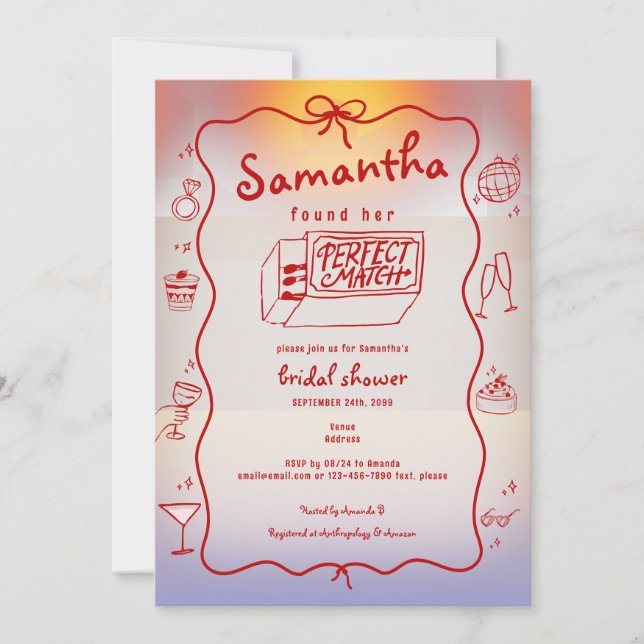 Perfect Match Doodle Sunset Coquette Bridal Shower Invitation (Front)