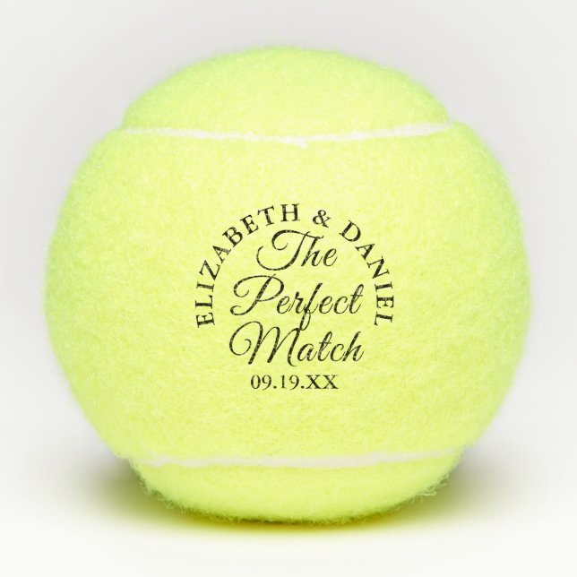 Perfect Match Elegant Script Wedding Favour Tennis Balls (Front)