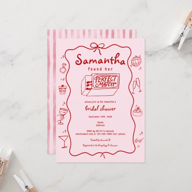 Perfect Match Hand Drawn Coquette Bridal Shower Invitation (Front/Back In Situ)