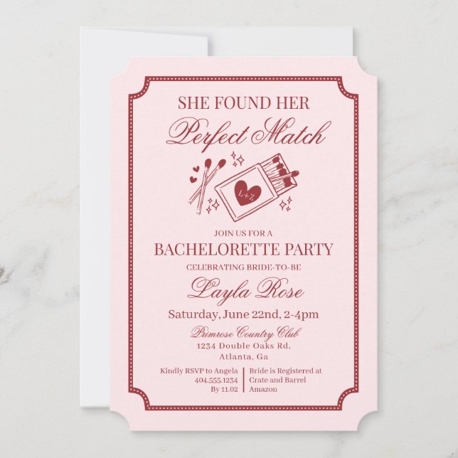 Perfect Match Made in Heaven Pink Bachelorette Invitation (Front)