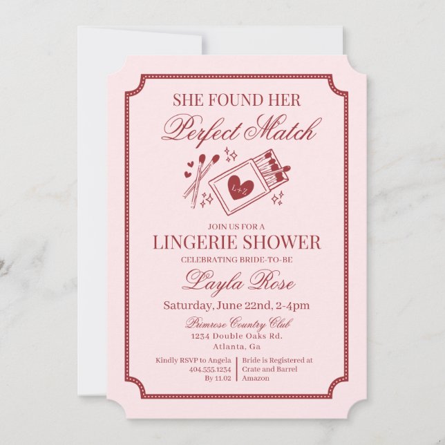 Perfect Match Made in Heaven Pink Lingerie Shower Invitation (Front)
