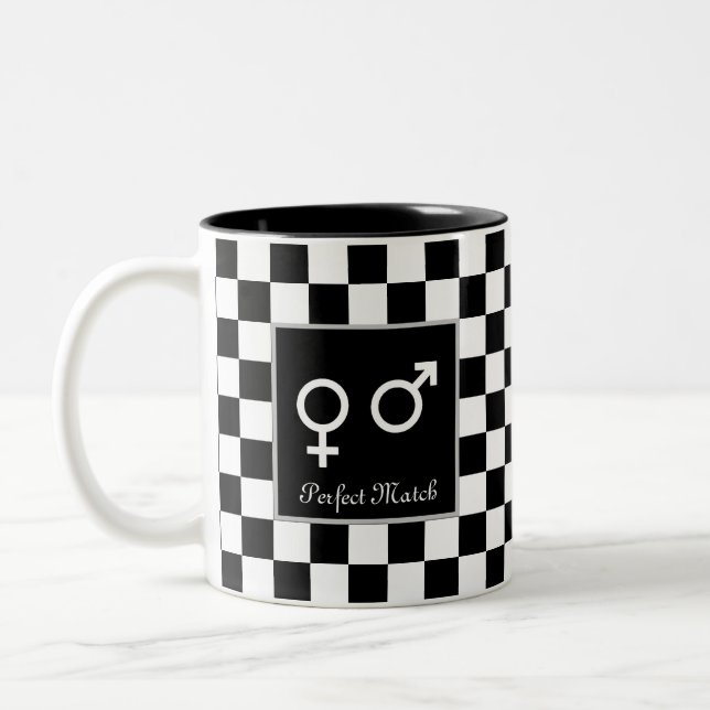 Perfect Match on Black & White Chess Two-Tone Coffee Mug (Left)