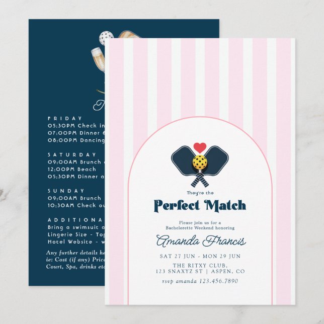 Perfect Match Pickleball Bachelorette Weekend Invitation (Front/Back)