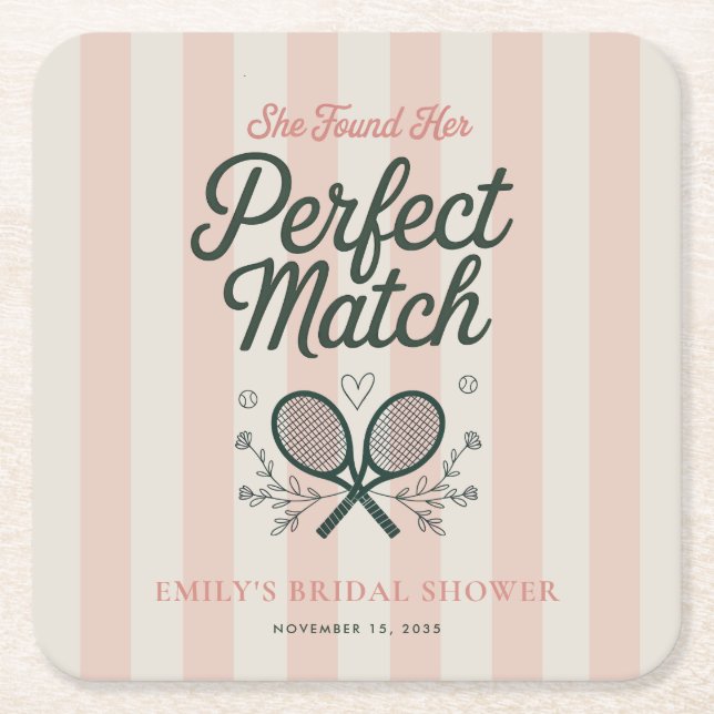 Perfect Match Social Club Tennis Bridal Shower Square Paper Coaster (Front)