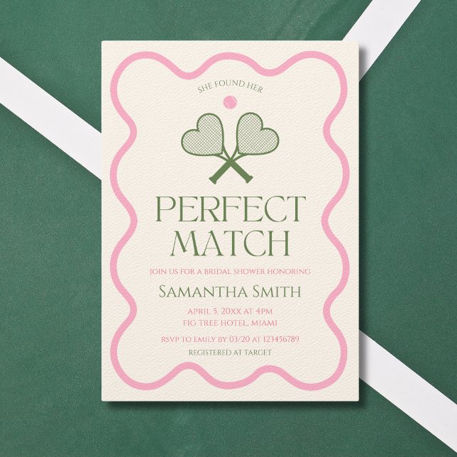 Perfect Match Tennis Pink & Green Bridal Shower Invitation (She found her perfect match tennis inspired bridal shower pink & green wavy frame modern )