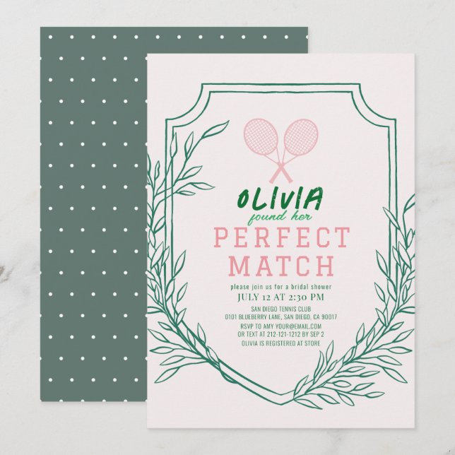 Perfect Match Tennis Retro Pink Bridal Shower Invitation (Front/Back)