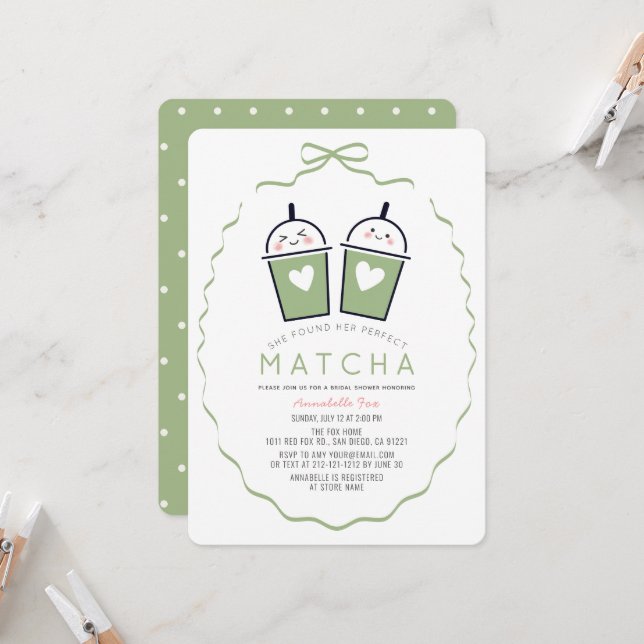 Perfect Matcha Kawaii Bow Frame Bridal Shower Invitation (Front/Back In Situ)
