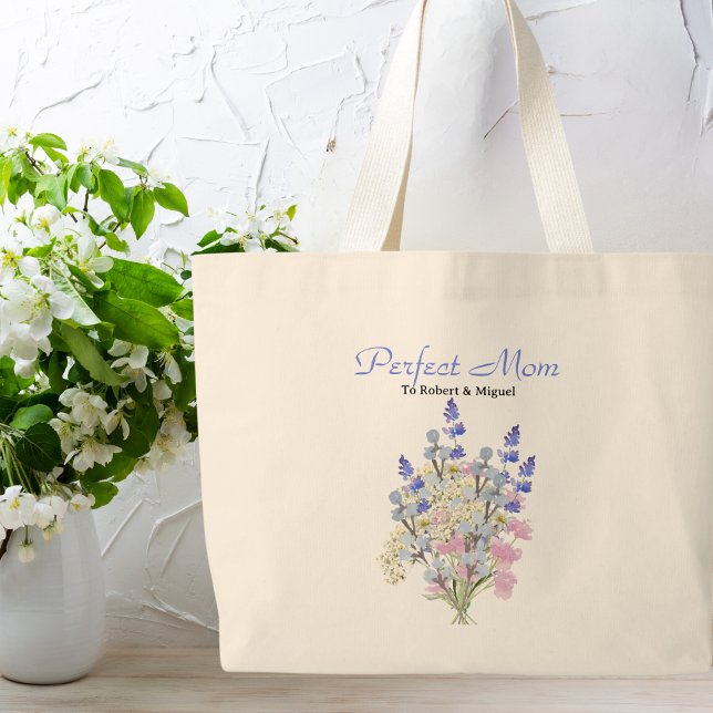 Perfect Mum,Watercolor Wildflower, Custom Name  Large Tote Bag (Creator Uploaded)